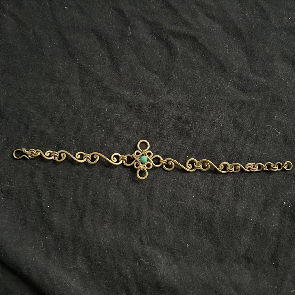 Handmade wire wrapped boho gold and green bracelet